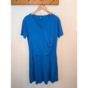 KUHL Blue Wrap V-Neck Short Sleeve Dress Organic Cotton Blend Ruched XL